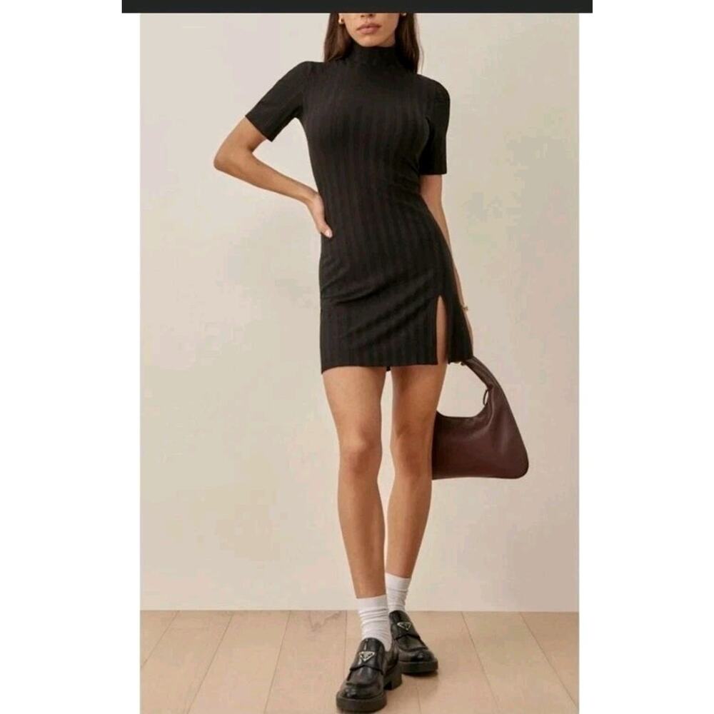 Reformation Zia Knit Mock Neck Wide Rib Black Mini Dress Size Medium Stretch